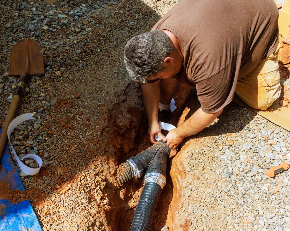Worker installing perforated drainage pipe system