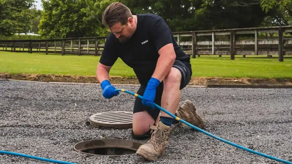 Our technician Drain cleaning an outdoor drain line using high-pressure jetting equipment in Napier and Hastings