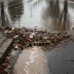 Blocked drain overflowing with debris during heavy rain in Napier, Hawke's bay and Hastings. Drain cleaning is very important here.
