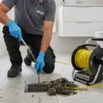 Drain technician clearing a blocked floor drain using professional equipment in Napier and Hastings