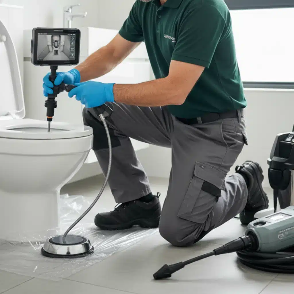 drain technician using cctv to inspection waste water line from toilet